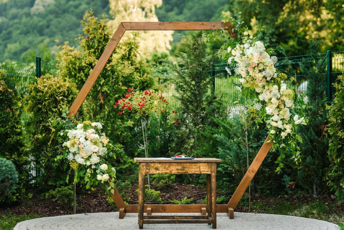 Boho decorated wedding arch